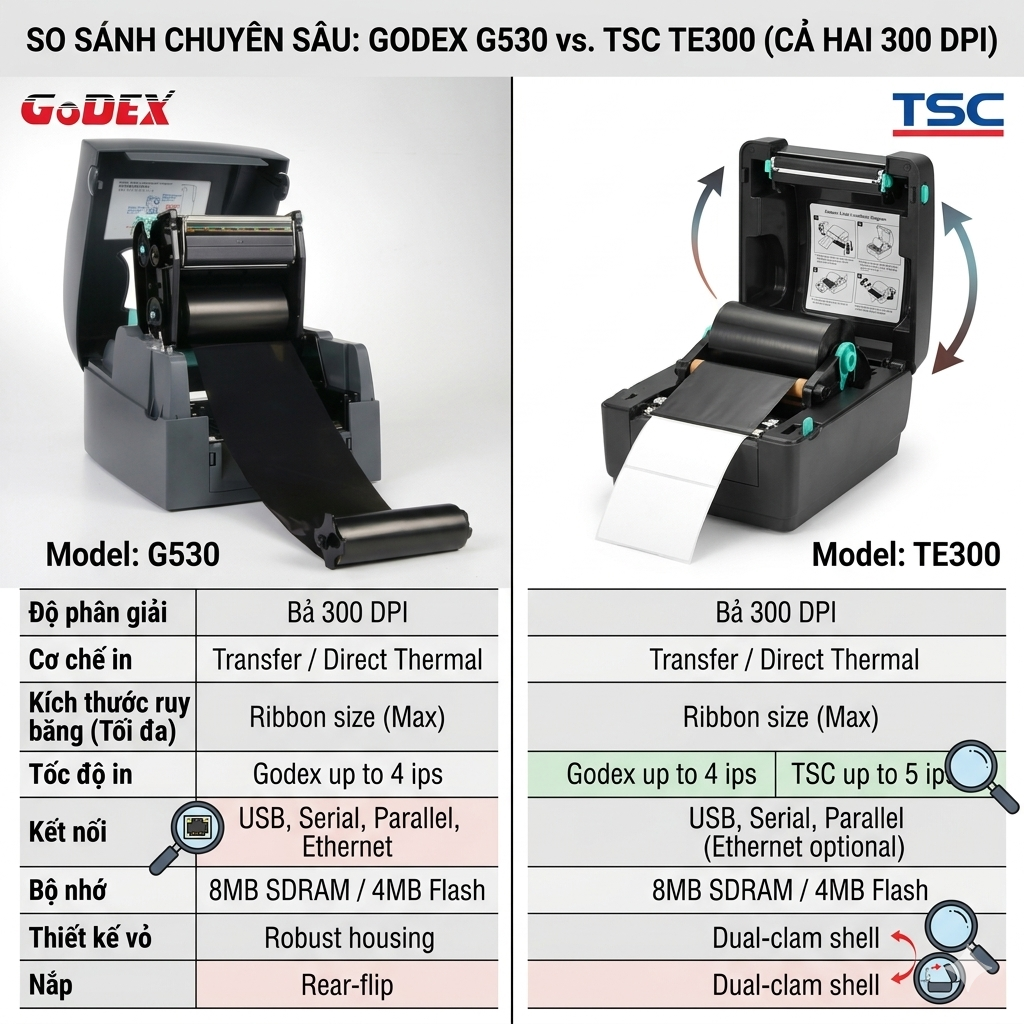 so sánh hai máy in godex g530 và tsc te300